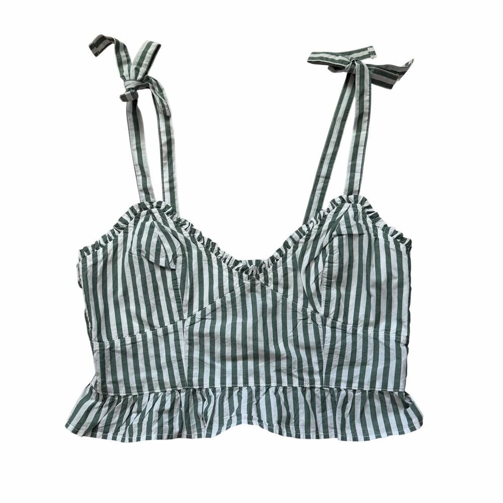 Aerie NWT Green & White Striped Smocked Tie-Strap Sleep Crop Top Size M
